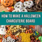A Halloween-themed charcuterie board with various treats including pretzels, popcorn, candy, and festive decorations.