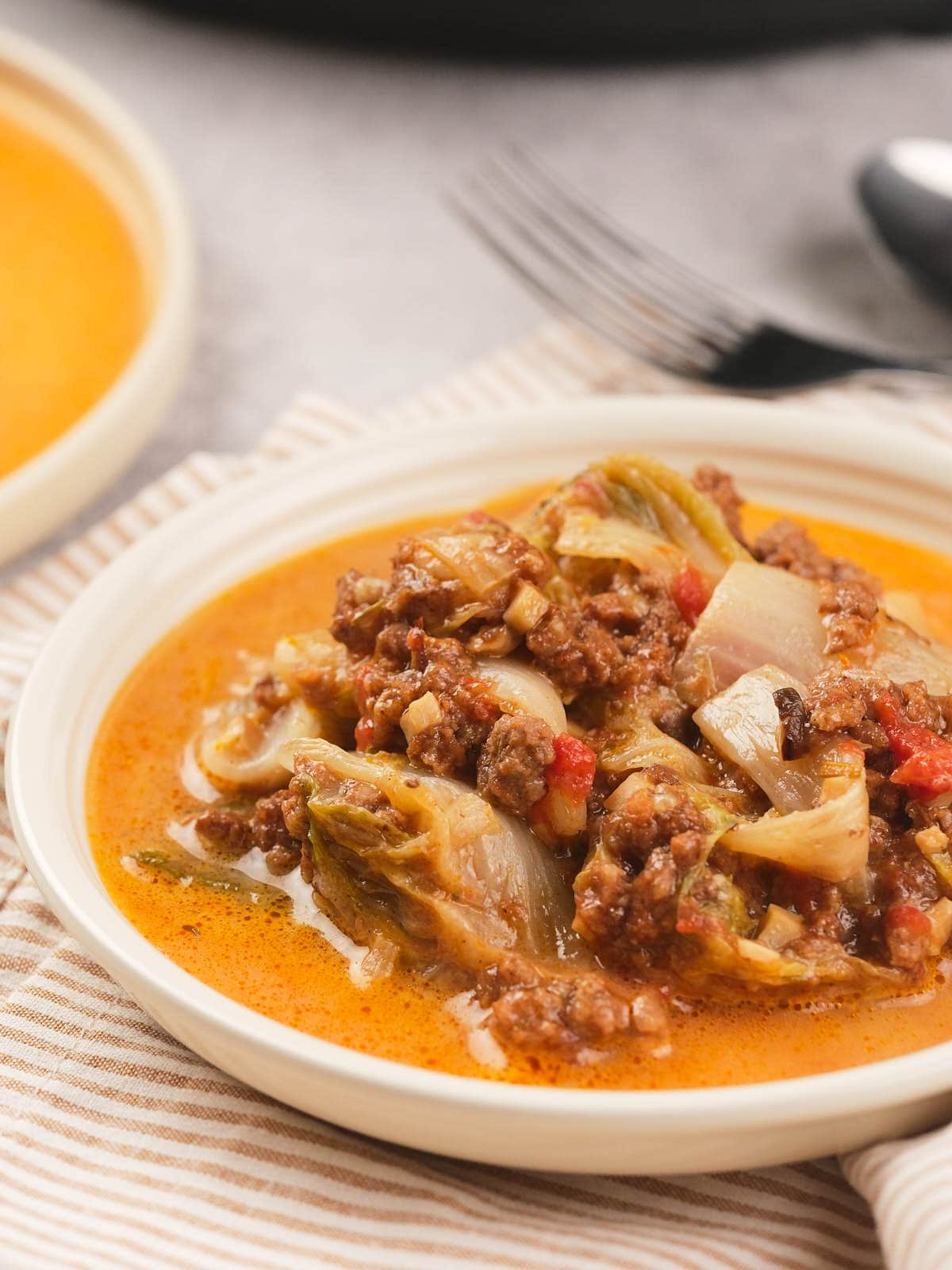 A shallow white bowl filled with cabbage roll soup containing ground meat, chopped cabbage, tomatoes, and broth, placed on a striped cloth.