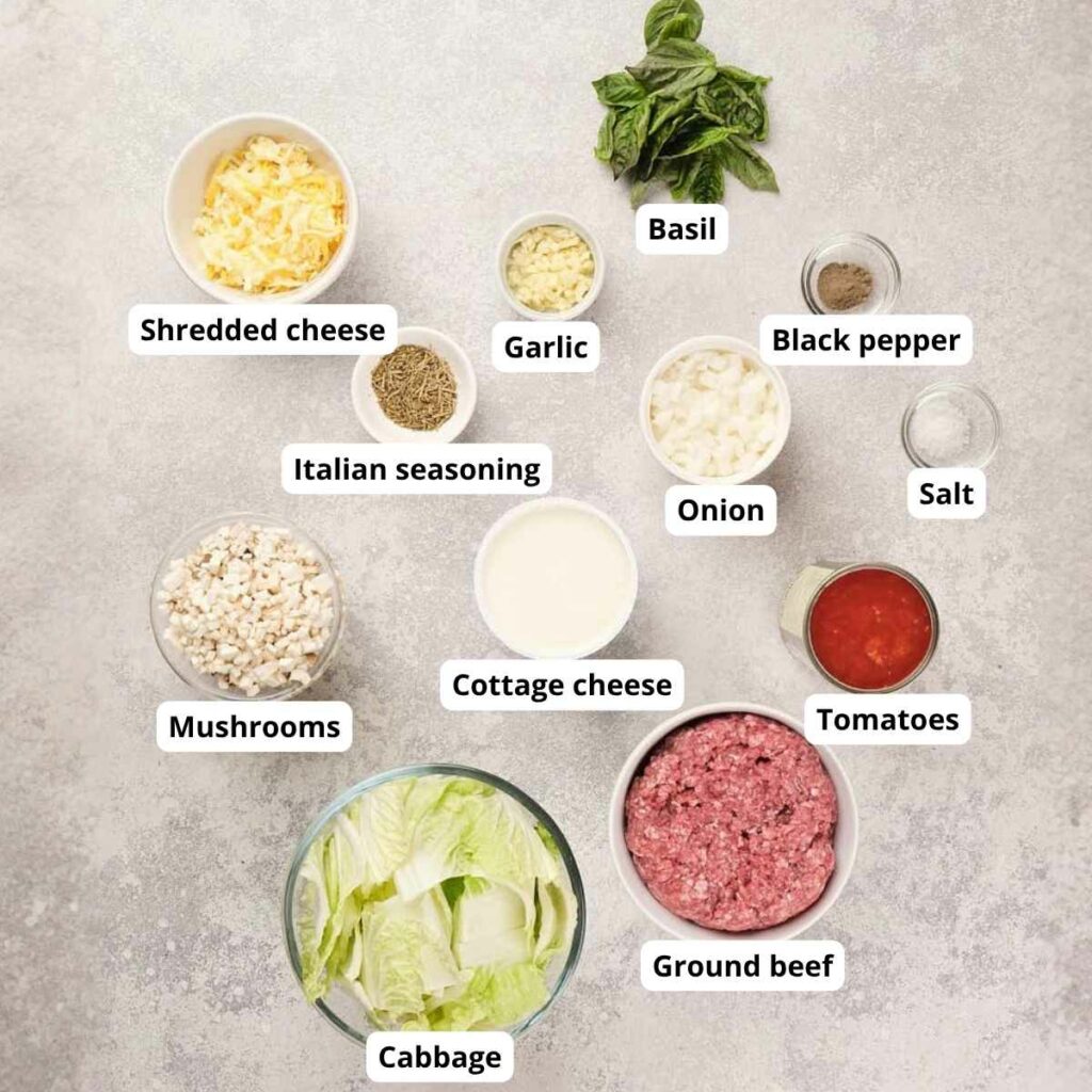 Top-down view of labeled ingredients for a lasagna recipe.