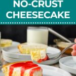 A slice of no-crust cheesecake with red sauce is served on a plate, with a fork holding a bite. A glass of milk and cheesecake slice are in the background.