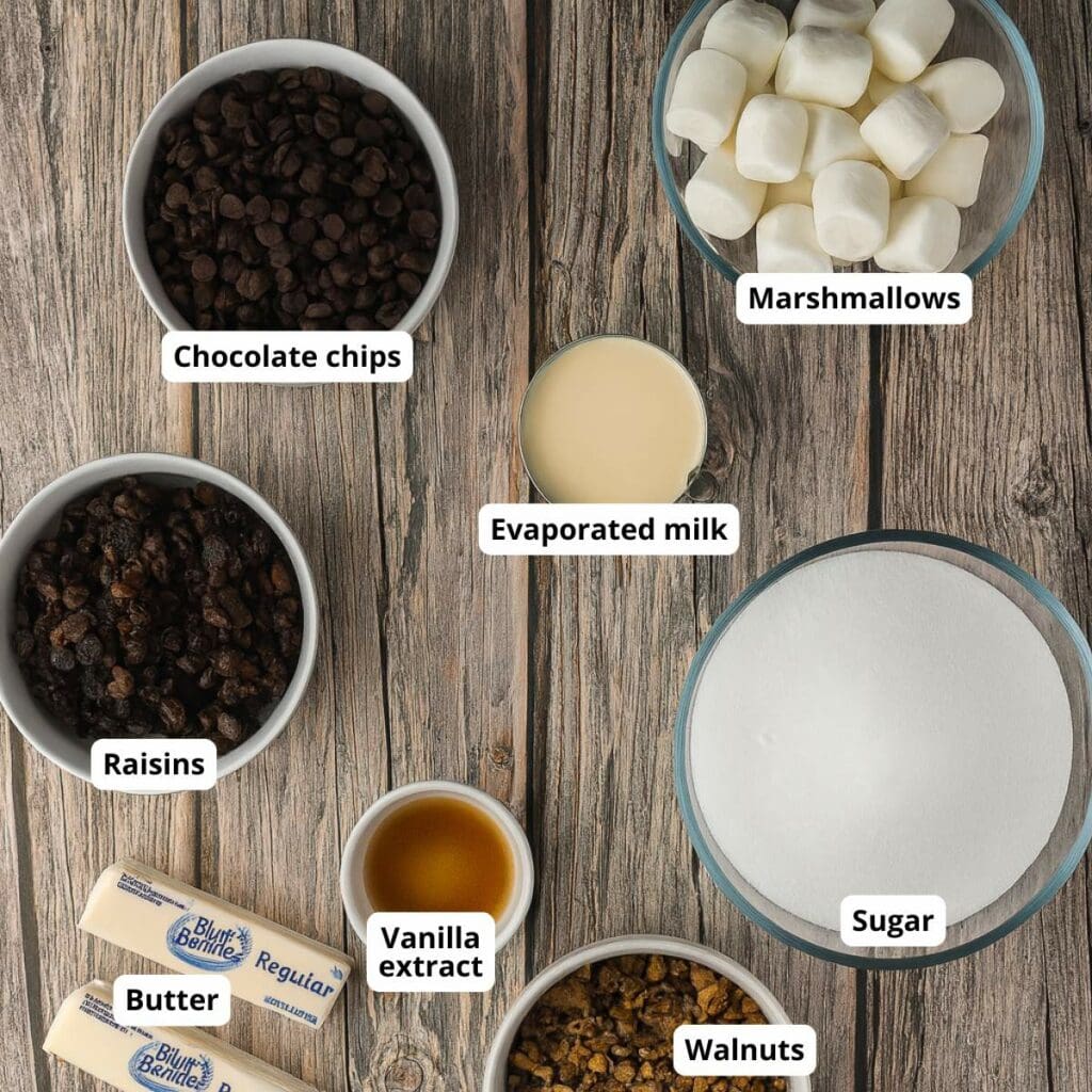 Labeled ingredients in bowls on a wooden surface: chocolate chips, marshmallows, evaporated milk, sugar, walnuts, vanilla extract, butter, and raisins.
