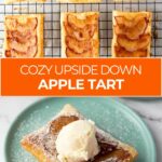 Rectangular apple tarts with caramelized apple slices on a cooling rack, and a plated tart topped with a scoop of vanilla ice cream and powdered sugar.