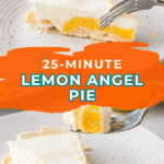 A fork holding a bite of angel pie with whipped topping sits on a white plate; another slice is in the background. Text overlay reads "25-Minute Lemon Angel Pie.
