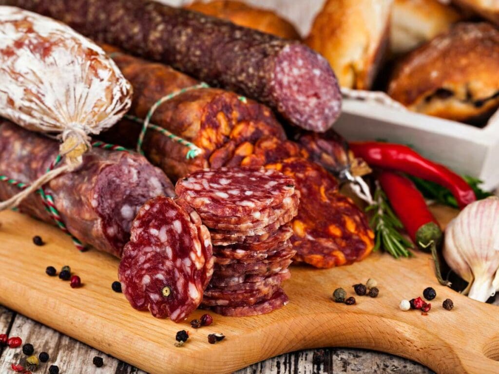 A wooden board displays assorted sliced and whole cured sausages, surrounded by chili peppers, garlic, herbs, and peppercorns.