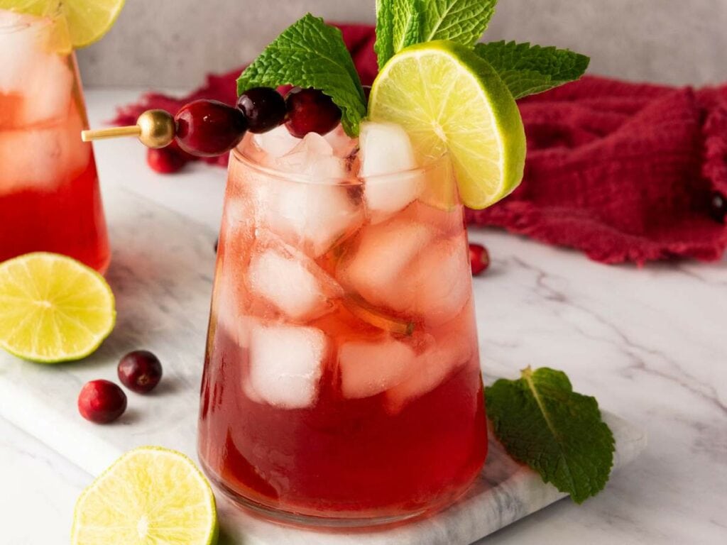 A glass of iced cranberry drink garnished with lime slices, cranberries on a pick, and fresh mint,.