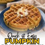 A plate of pumpkin pecan waffles topped with whipped cream and syrup being poured.