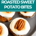 Close-up of roasted sweet potato rounds topped with melted marshmallow and a pecan on a baking tray.