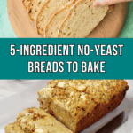 A hand holding a slice of homemade bread above four slices, with another loaf of bread on a plate below;.