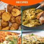 Collage of four vegetable side dishes, including roasted potatoes, broccoli in sauce, baked broccoli casserole, and vegetable fritters, with text promoting 17 quick and easy recipes.