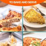 A collage featuring four different baked dishes, each served on a plate or in a baking dish, with the text “17 One-Pan Recipes to Bake and Serve.”.