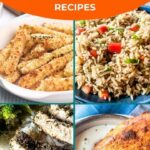 A collage showing four family dishes: breaded sticks, vegetable rice, herb-crusted chicken, and a seasoned chicken breast on mashed potatoes. Text reads "17 Go-To Family Favorite Recipes.