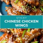 A plate of sticky Chinese chicken wings garnished with sesame seeds and sliced green onions, shown up close on a blue plate.