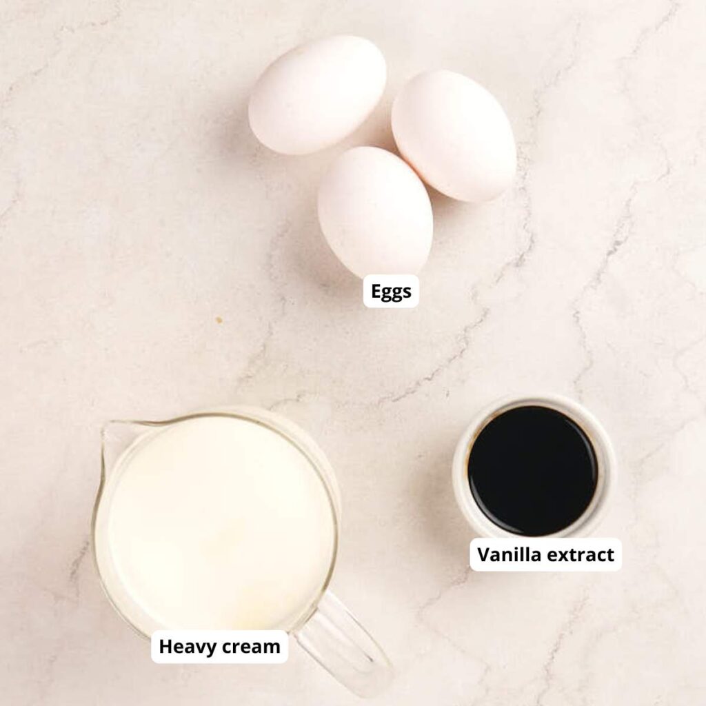 Three eggs, a glass measuring cup of heavy cream, and a small bowl of vanilla extract are arranged on a light-colored surface, each labeled.