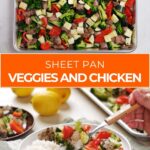 A sheet pan with diced chicken, zucchini, broccoli, and red bell peppers is shown above a plate of rice topped with the cooked chicken and vegetables.