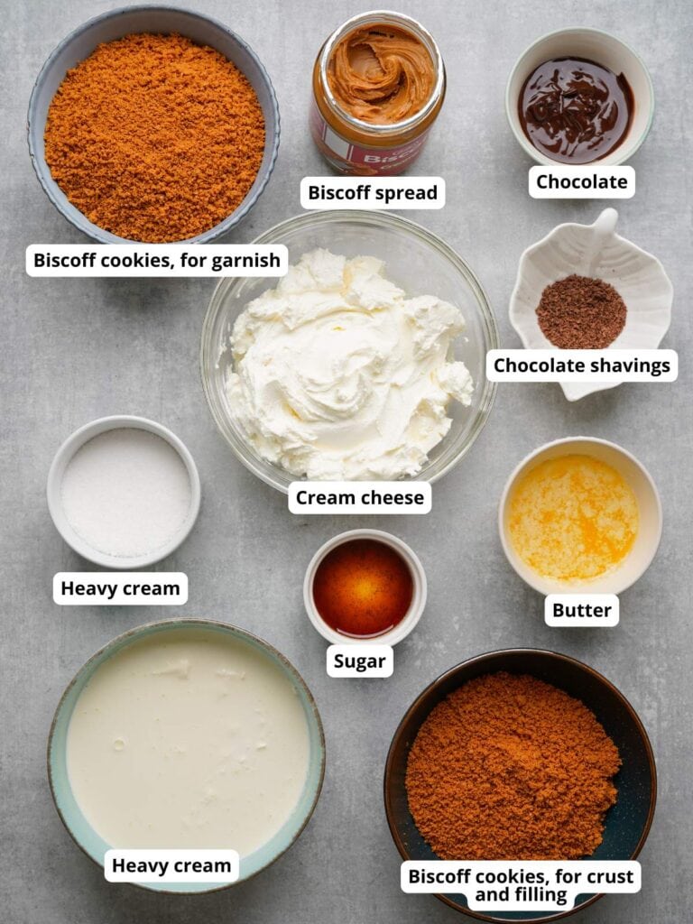 Overhead view of labeled ingredients for a dessert, including Biscoff cookies, Biscoff spread, chocolate, chocolate shavings, cream cheese, heavy cream, sugar, and butter.