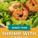 Cooked shrimp seasoned with spices sits on a bed of leafy greens in a white bowl. Text overlay reads “Sheet Pan Shrimp with Garlic Butter.”.