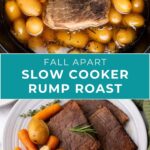 Top image shows a slow cooker with rump roast, potatoes, and herbs; bottom image shows sliced roast, potatoes, and carrots on a plate.