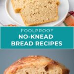 Two types of bread are shown: sliced quick bread on a plate and rustic no-knead bread on a board, with the text "Foolproof No-Knead Bread Recipes" and "easyhomemadelife.com.
