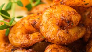 Close-up of seasoned, cooked shrimp garnished with fresh herbs.