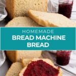 A loaf of homemade bread machine bread is sliced on a cutting board, with one slice spread with red jam; jars of jam are in the background.
