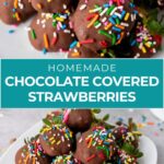 A plate of chocolate-covered strawberries topped with colorful sprinkles, with text reading "Homemade Chocolate Covered Strawberries.
