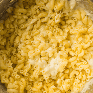 Cooked elbow macaroni mixed with melted cheese, forming a creamy macaroni and cheese dish.