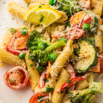 Penne pasta with broccoli, peas, zucchini, tomatoes, and red peppers, topped with grated cheese, lemon slices, and parsley on a white plate.