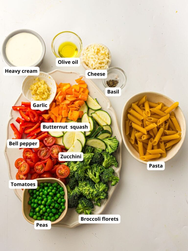 A labeled assortment of fresh vegetables, pasta, cheese, olive oil, heavy cream, and basil arranged on a white surface.
