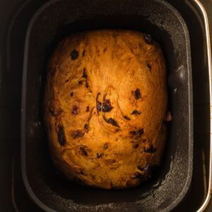 A loaf of fruit and nut bread, golden brown with visible pieces, sits in a rectangular bread machine pan.