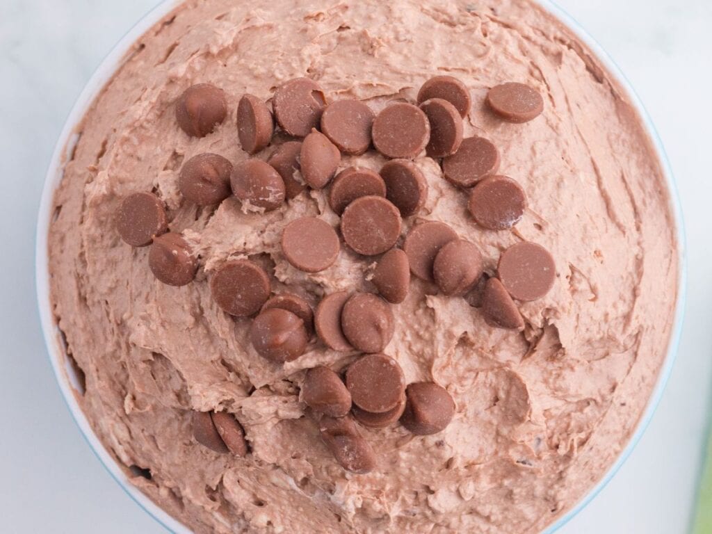 A bowl filled with chocolate mousse or whipped chocolate dessert, topped with chocolate chips.