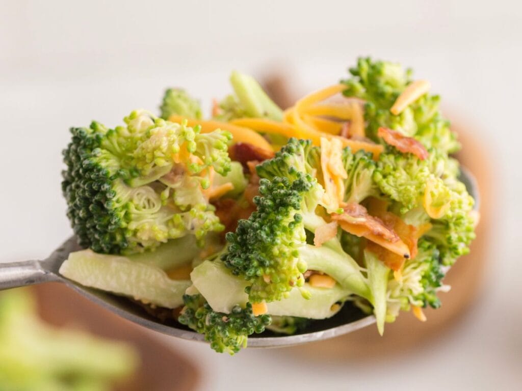 A spoonful of broccoli salad with shredded cheese, bacon pieces, and a creamy dressing.